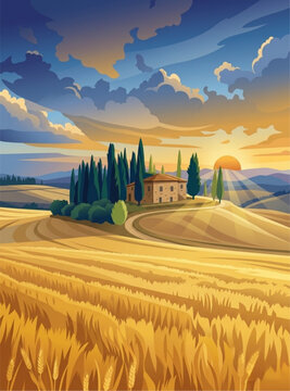 Golden Hour Over the Tuscan Wheat Fields