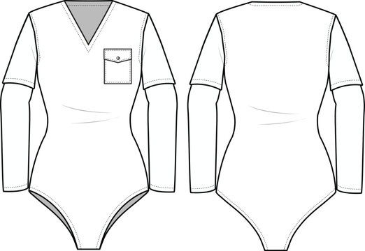 V neck swimsuit front and back view technical flat drawing vector mockup illustration.