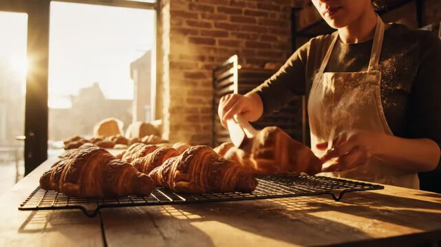 In a charming bakery bathed in soft morning light, a baker delicately rolls and shapes warm, flaky croissants. The ambiance is filled with warmth and creativity as the day begins.