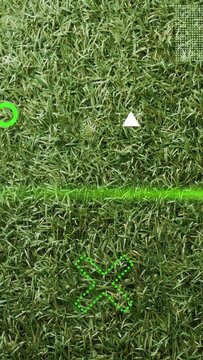 Vertical video: Neon scan sweeping turf grass, HUD aligning markers and guiding balls for alignment