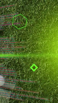 Vertical video: Neon beam initiating scan code scrolling reticle pulsing balls entering left for AR
