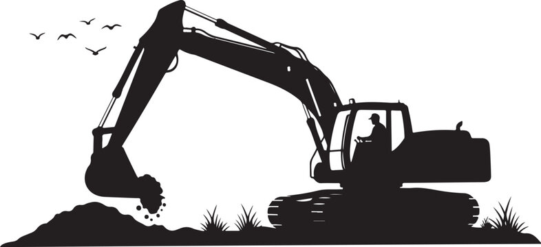 Black silhouette excavator, digging machine, construction equipment, industrial icon