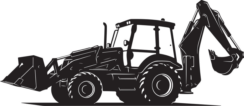 Black and white tractor, excavator, backhoe loader, construction vehicle
