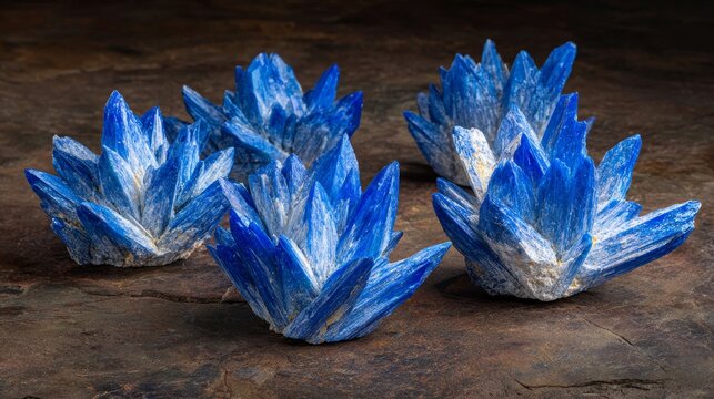 Vibrant blue kyanite crystals forming fan-shaped clusters with intricate textures