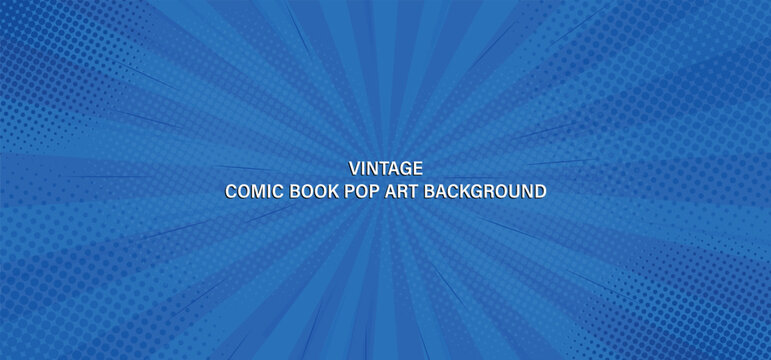 Vintage Pop Art Blue Background and Banner Vector Illustration with Comic Book Pop Art Strip Radial Backdrop, Retro Superhero Action Explosion Theme for Design Poster and Wallpaper