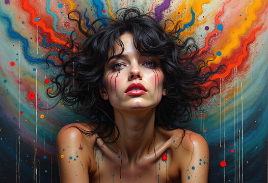 A young woman with curly, dark brown hair in front of a background that is a vibrant, abstract explosion of colors, 