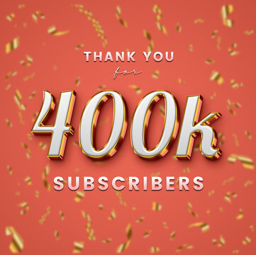 400k subscribers celebration. Social media achievement poster thank you lettering golden sparkling confetti ribbons. Gratitude text background