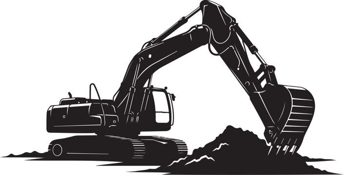 Black excavator, construction equipment, digger, heavy machinery, vector illustration