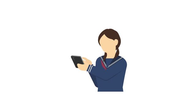フラットイラストアニメーション：スマートフォンを操作する中学生女子(冬服)