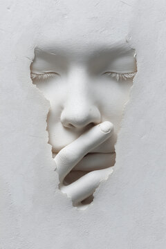 ultra minimal book cover, a white clay face being gently pressed by two fingers