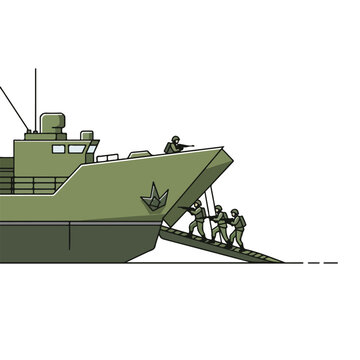 Military personnel disembarking from a green naval boat