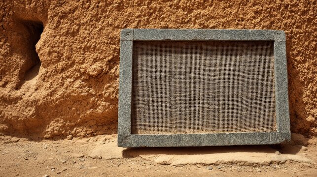 A weathered stone carved signboard framed with pressed clay against a textured earthen wall