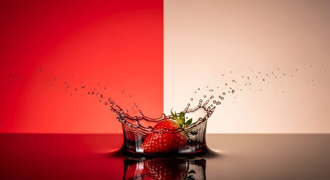 Buah stroberi merah jatuh ke dalam air menciptakan percikan mahkota dengan latar belakang dua warna