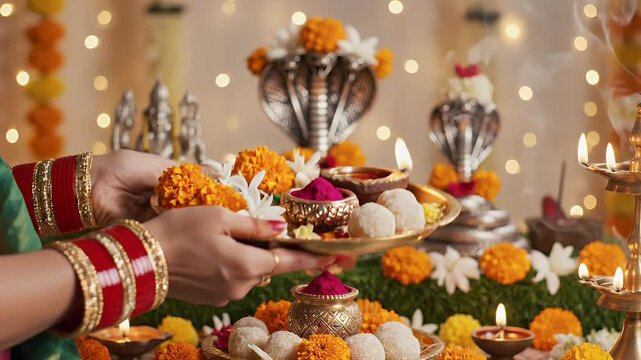 Nag Panchami Festival Celebration Featuring a Traditional Brass Aarti Thali with Flowers and Kumkum at a Decorated Altar
