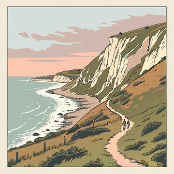 A picturesque illustration depicts a coastal path winding along dramatic white cliffs overlooking a serene blue sea and sandy beach high quality