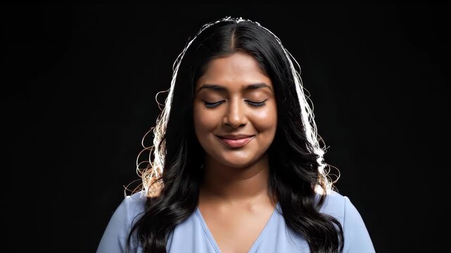 Young Indian Woman Expressing Emotion with Closed Eyes and Open Mouth.