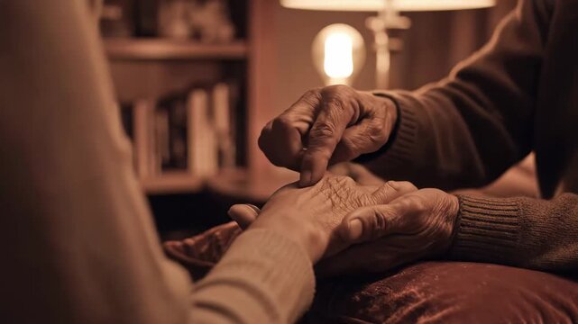 In a softly lit room, two hands gently touch, symbolizing a deep emotional bond and tenderness. The warm ambience invites a sense of comfort, intimacy, and connection between the two individuals.