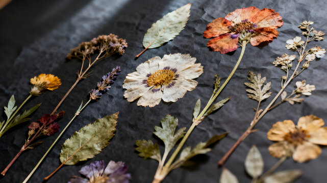 A delicate collection of pressed flowers evokes a sense of nostalgia and natural beauty. Ideal for crafting, botanical illustrations, or adding a vint