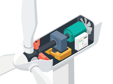 Cross-section view of a wind turbine generator showing its internal components, including the rotor, gearbox, and electrical cabinet