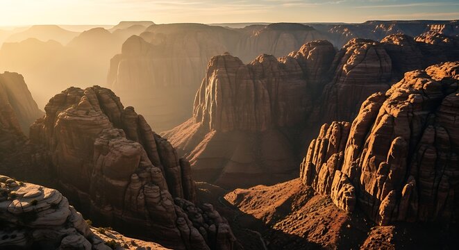 Golden Hour Grand Canyon Vista Majestic Rock Formations Bathed in Warm Sunlight