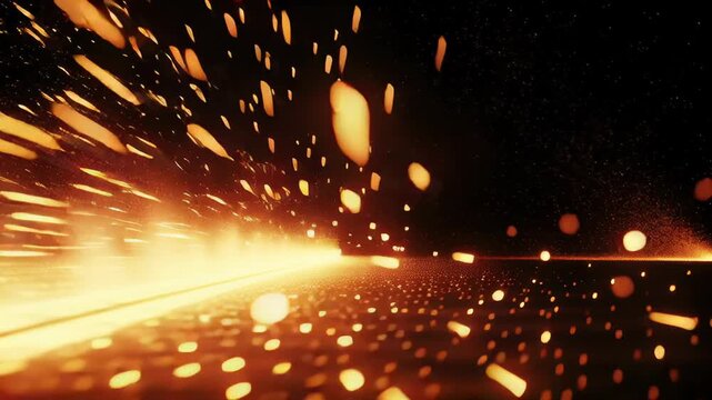Realistic fire ball spell with blazing trail concept. Abstract bright orange digital explosion with glowing light streaks and futuristic technology background