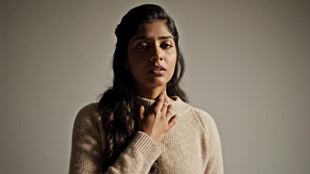Young Woman Expressing Discomfort and Pain with Hand on Throat.