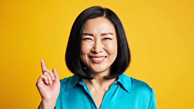 Surprised Asian Woman Covering Mouth with Hands on Yellow Background.