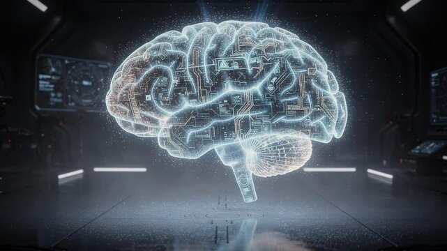 Futuristic glowing digital human brain hologram with circuits and technology in dark room