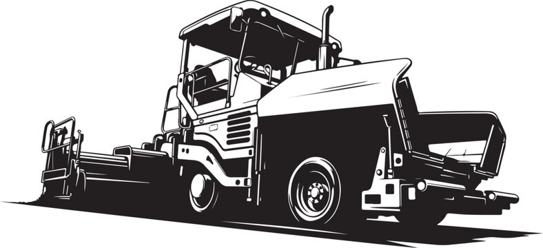 Asphalt paver, road roller, construction vehicle, black and white vector