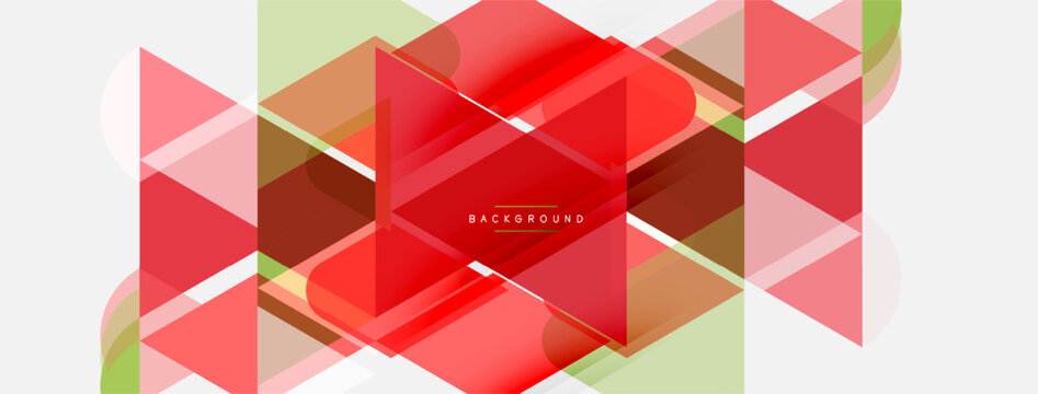 Abstract geometric shapes overlap, creating vibrant red, green, brown composition. Minimalist design with transparency effects. Modern background element.