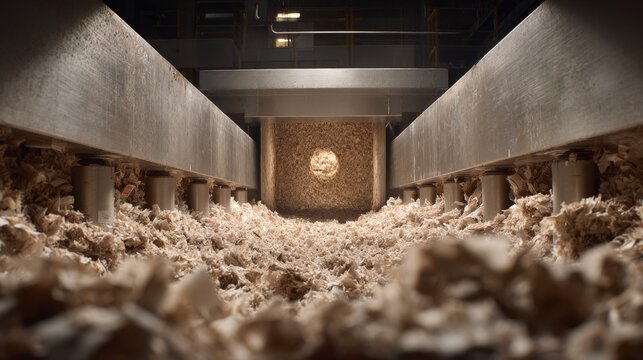 Industrial shredder processing large stacks of used paper into small fragments for secure destruction and recycling