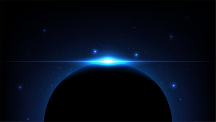 Cinematic space background of a planet sunrise with a bright blue light flare, glowing stars and digital nebula © pics3