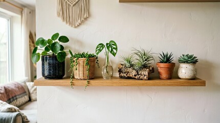 Fototapeta premium Indoor Plants on Wooden Shelf Modern Bohemian Home Decor Lifestyle Stock Photo for Interior Design Plants