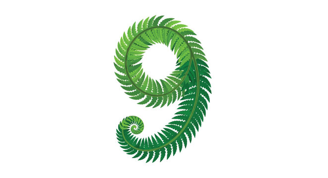 A vibrant number nine is creatively formed from a lush spiraling green fern frond design