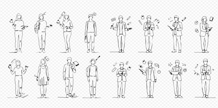 Set of people juggling multiple tasks, illustrating multitasking, productivity, and work-life balance challenges in line art style.