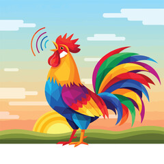 A colorful rooster stands on a green hill at sunrise © Erdi