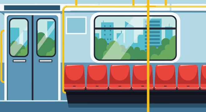 A brightly colored illustration depicts the interior of a subway car with red seats and city views