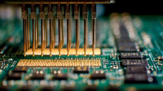 Close-up of computer hardware pins connecting to a circuit board