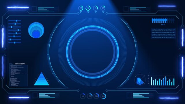 Futuristic Sci-Fi HUD Interface Digital Scanners circular scanning rings, data graphs, UI elements. sci-fi film screens, futuristic technology overlays, military targeting visuals, and cyber analytics