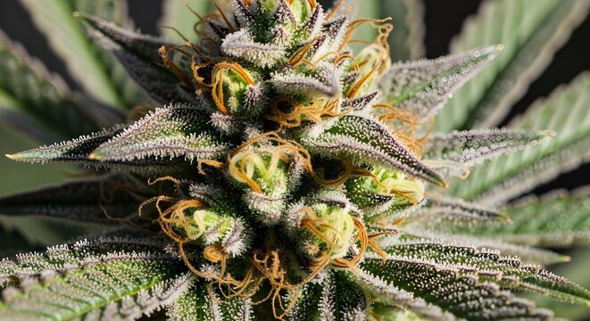 A close-up view of a cannabis plant with trichomes and orange pistils