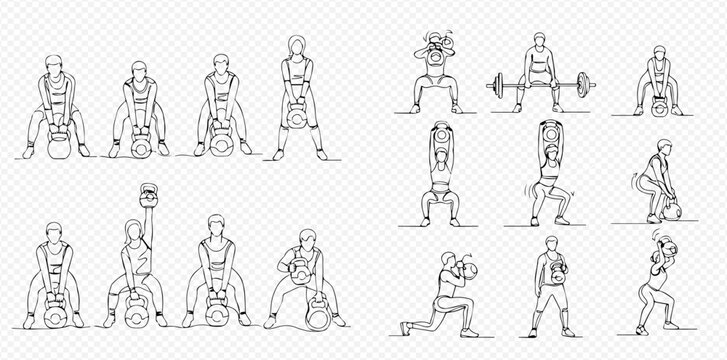 Continuous line drawing of various fitness exercises with weights, including squats, deadlifts, lunges, and kettlebell swings, for workout routines and healthy lifestyle.