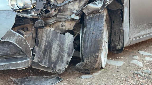 A mangled car wheel and shredded body panels sit slumped on a dirt road after a terrifying crash. The twisted metal and flat tire create a heavy feeling of despair and total loss.