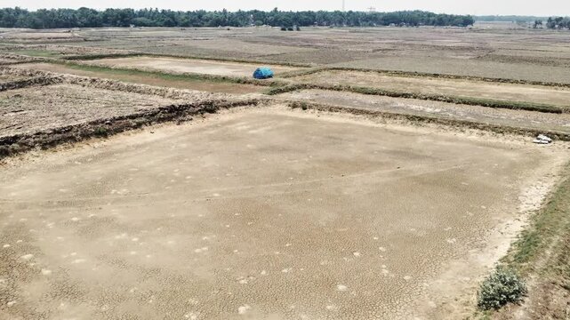 Climate Change Impact on Water Resources in Arid Indian Countryside Environment. Aerial Perspective of Water Shortage Crisis Affecting Indian Village Farmland. Dried Up Land Under Indian Summer.