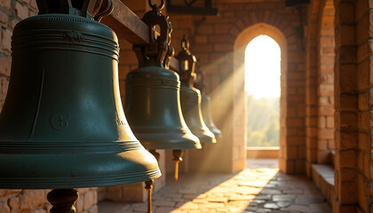 Obraz premium Church bells hanging in sunlight with stone archway in background 