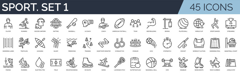 Set of 45 outline icons related to sport. First set. Linear icon collection. Editable stroke. Vector illustration  © SkyLine