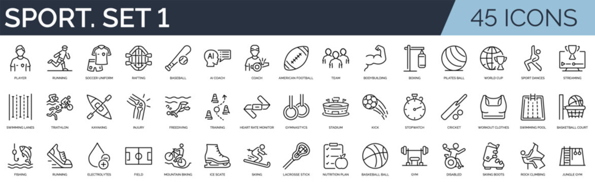Set of 45 outline icons related to sport. First set. Linear icon collection. Editable stroke. Vector illustration	
