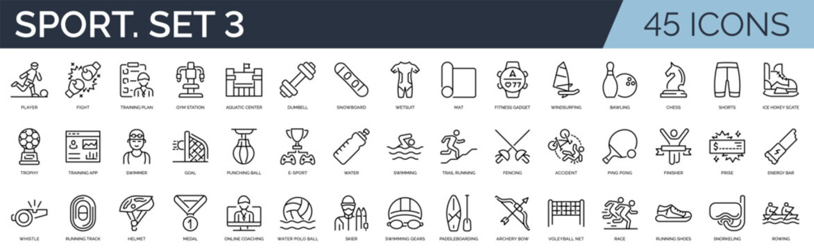 Set of 45 outline icons related to sport. Third set. Linear icon collection. Editable stroke. Vector illustration	