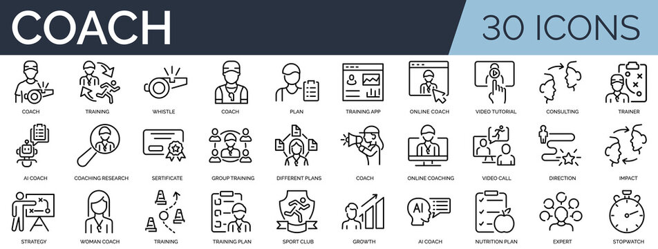 Set of 30 outline icons related to coach. Linear icon collection. Editable stroke. Vector illustration