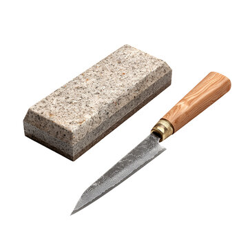 Whetstone and knife sharpening tool on white background for kitchen maintenance