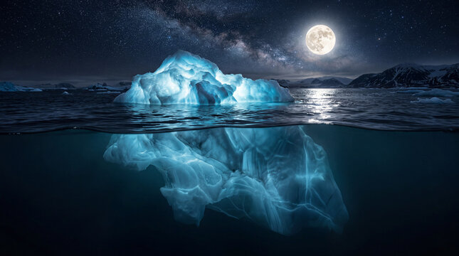 Majestic Iceberg Cross Section Under Full Moon and Starry Night Sky